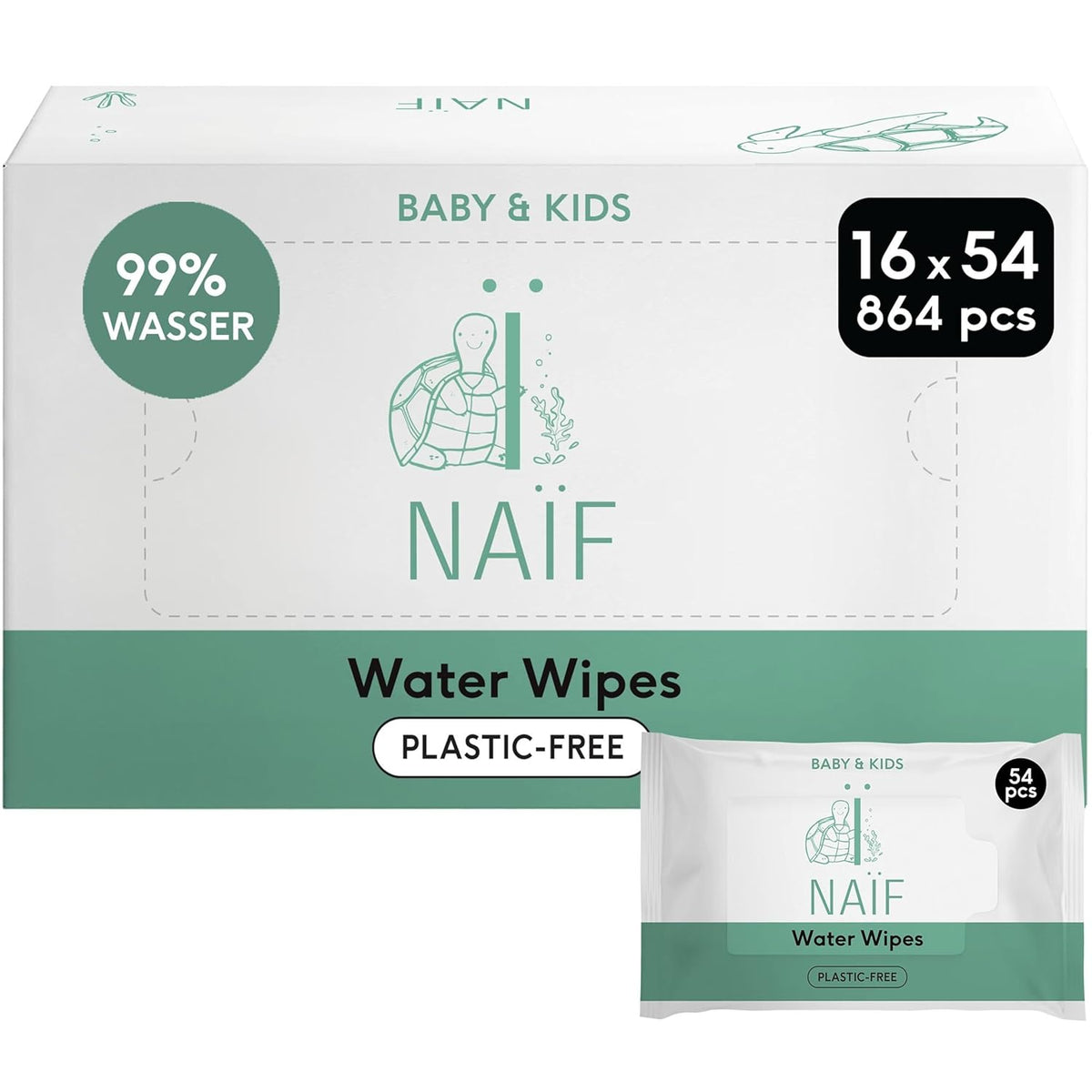 Naïf - Toallitas húmedas sin plástico - 864 piezas (16 paquetes de 54 toallitas) - Cuidado del culito, cuerpo y cara del bebé - 99% agua - 0% perfume y alcohol