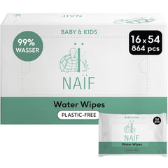 Naïf - Toallitas húmedas sin plástico - 864 piezas (16 paquetes de 54 toallitas) - Cuidado del culito, cuerpo y cara del bebé - 99% agua - 0% perfume y alcohol