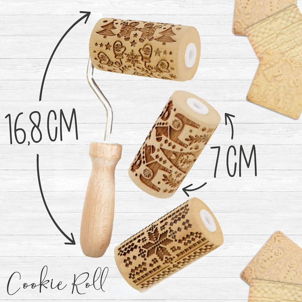 ScrapCooking 3798 Juego de rollos de galletas navideñas – 3 mini rollos de madera con motivos – Dekos mit Prägung – Forma para Kekse, Sandgestrahlt, Kekse