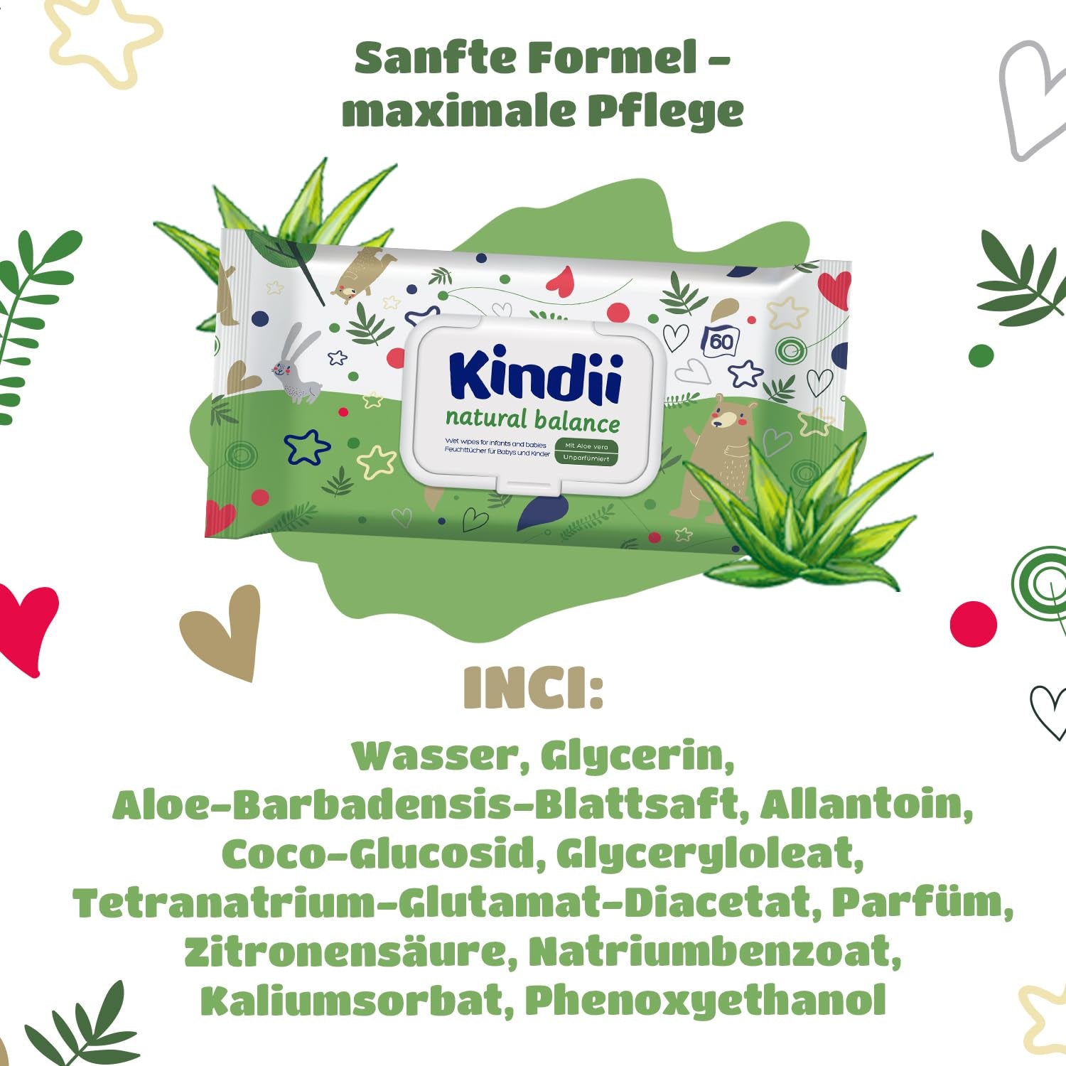 Toallitas húmedas Kindii Natural Balance para bebés - (1 x 60 uds.) Toallitas húmedas para bebés y niños - Protectoras, Aloe Vera, Fragancia delicada - 60 uds.