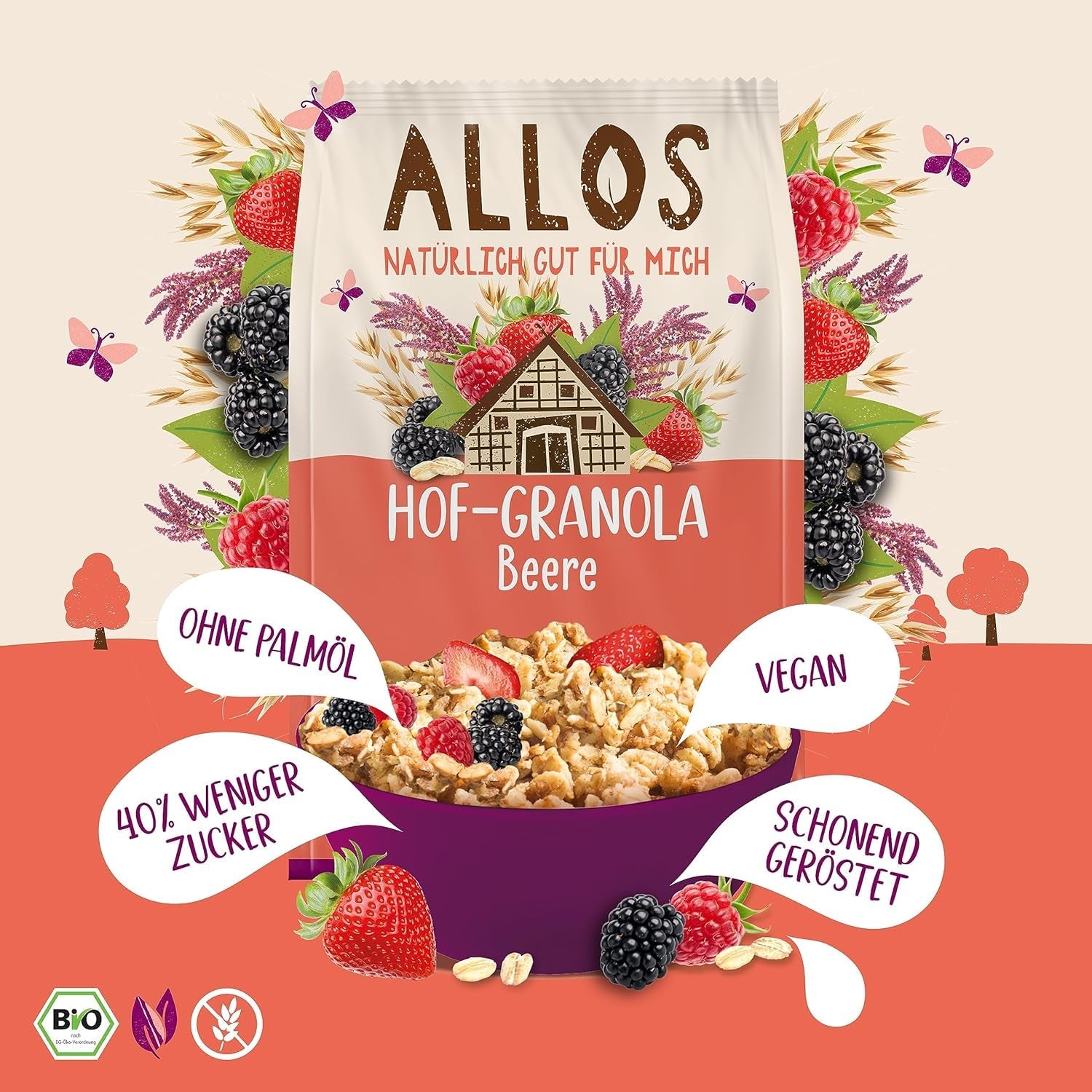 Granola Allos Hof con frutos rojos | Muesli orgánico | Muesli con frutos rojos | Muesli crujiente | Cereales para el desayuno | Paquete de 6 (6 x 300 g), 1 pieza (paquete de 6)