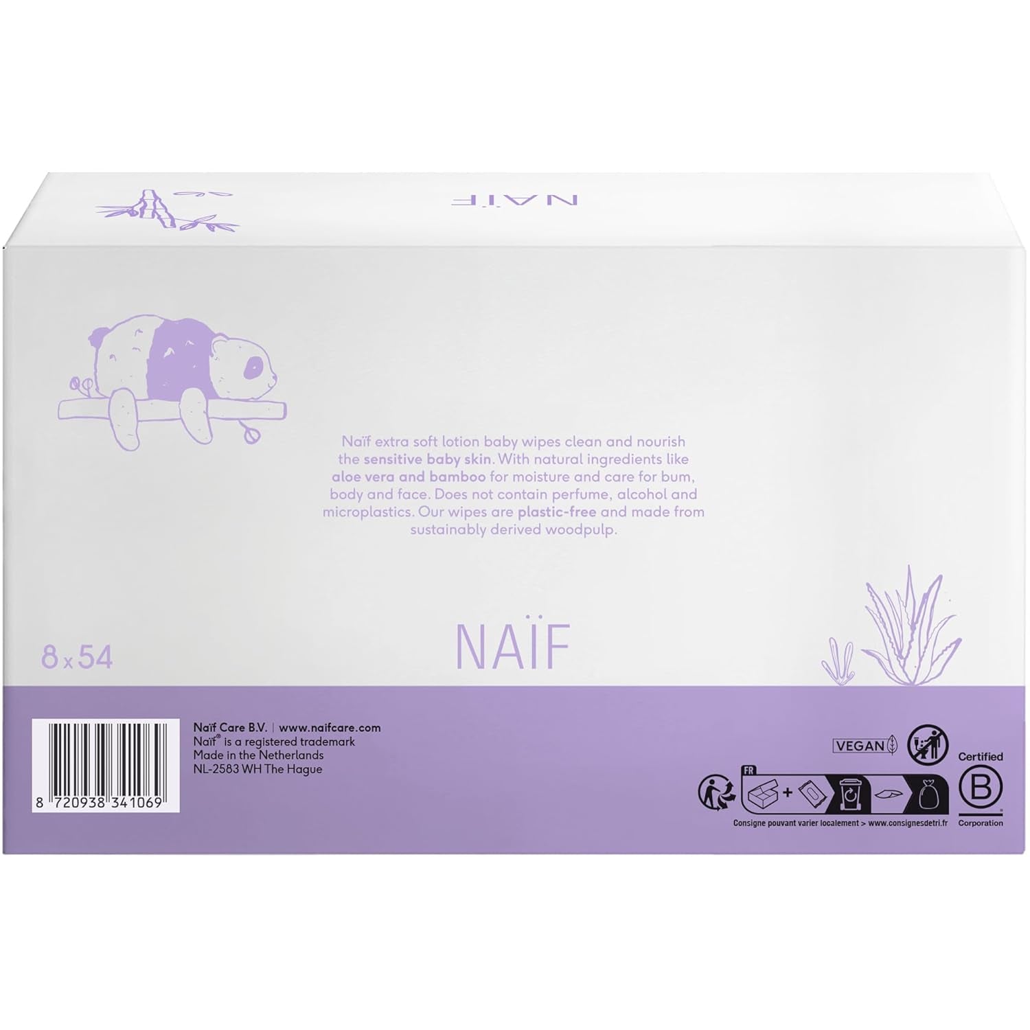 Naïf - Toallitas húmedas con loción sin plástico - 1296 piezas (24 paquetes de 54 toallitas) - para bebés y niños - Culito, cuerpo y cara del bebé - con Aloe Vera y Bambú - 0% Fragancia y Alcohol
