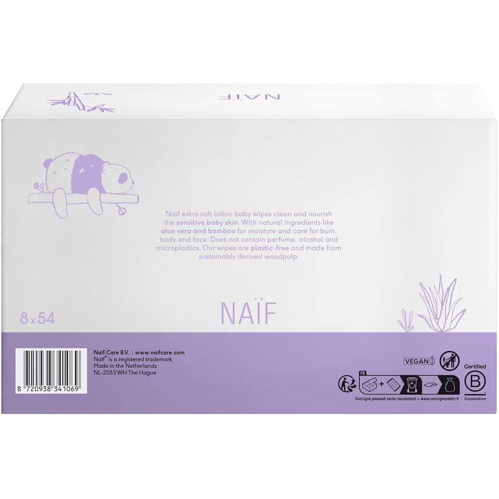 Naïf - Toallitas húmedas con loción sin plástico - 1296 piezas (24 paquetes de 54 toallitas) - para bebés y niños - Culito, cuerpo y cara del bebé - con Aloe Vera y Bambú - 0% Fragancia y Alcohol