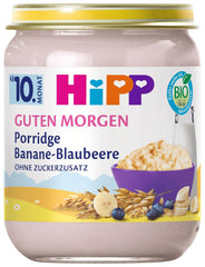 HiPP Good Morning avena ecológica con plátanos y arándanos (6 x 160 g), a partir de 10 meses, sin azúcares añadidos, buena fría y caliente, la mejor calidad ecológica