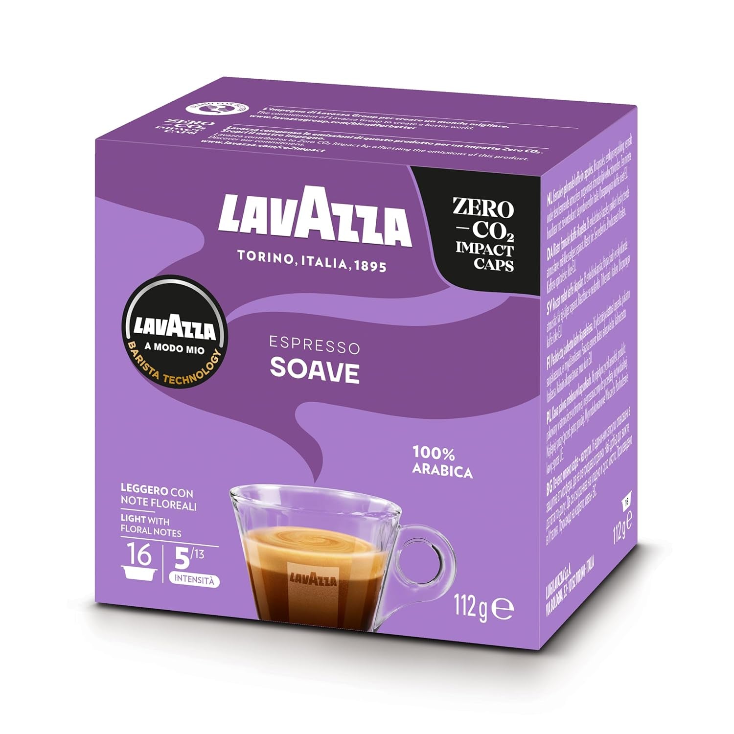Lavazza, A Modo Mio Soave 256 Kaffeekapseln, für einen leichten und eleganten Espresso mit aromatischen Noten von Blumen, 100% Arabica, Intensität 5/13, mittlere Röstung, 16 Packungen mit je 16