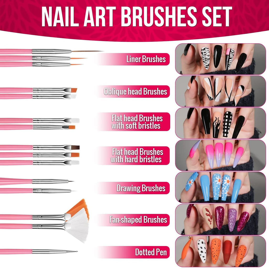 FANDAMEI Nail Art Pinsel Set, 15 Stücke Pinsel Für Gelnägel Nagel Pinsel, 5 Stücke Dotted Pen, 10 Rolle Streifenband Nägel, Strasssteine Nägel, Ultra Dünn Nagel Pailletten Für Nagelkunst Maniküre Set