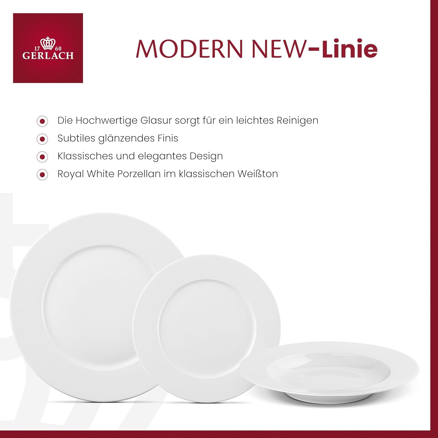 Set de veselă Gerlach 1760 - 18 piese - Serviciu de masă pentru 6 persoane - Set de farfurii - Porțelan modern, alb