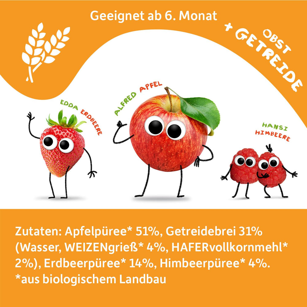 FRECHE FREUNDE Bio Quetschie Apple, Erdbeere, Himbeere mit Grieß, Fruchtmus mit Getreide in Quetschbeutel für Babies from 6. Month, vegan, 6er Pack (6 x 100g)