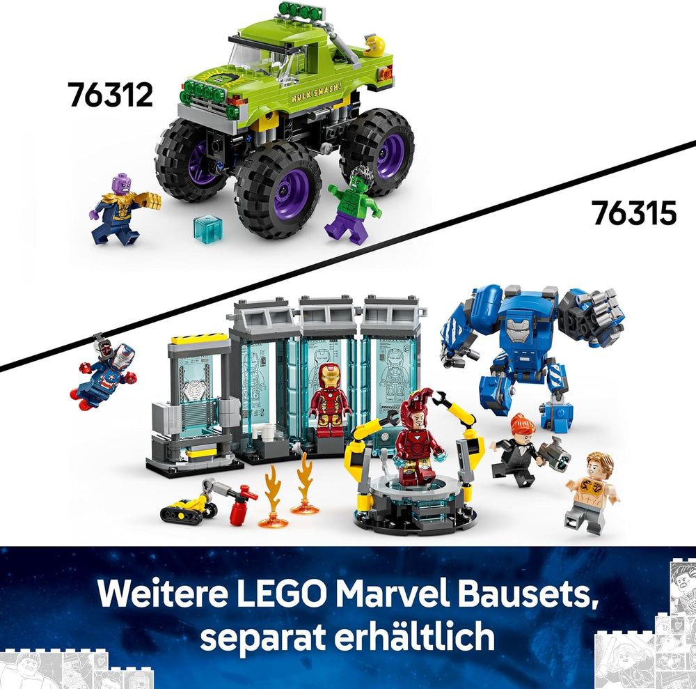 LEGO ǀ Marvel Camión Hulk Vs. Thanos - Kreatives Superhelden Spielzeug - Avengers Fahrzeug und Minifiguren - Monstertruck für Spielspaß - Geschenk für Jungen und Mädchen ab 7 Jahren - 76312