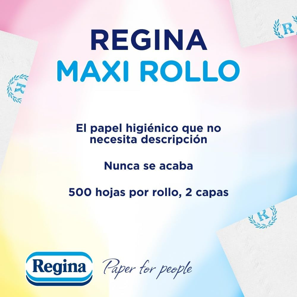 Regina Maxi-Roll - 4 role de hârtie igienică, 500 de foi cu 2 straturi per rolă, de mai mult de trei ori o rolă standard, 60% ambalaj din plastic reciclat, 100% hârtie certificată Fsc