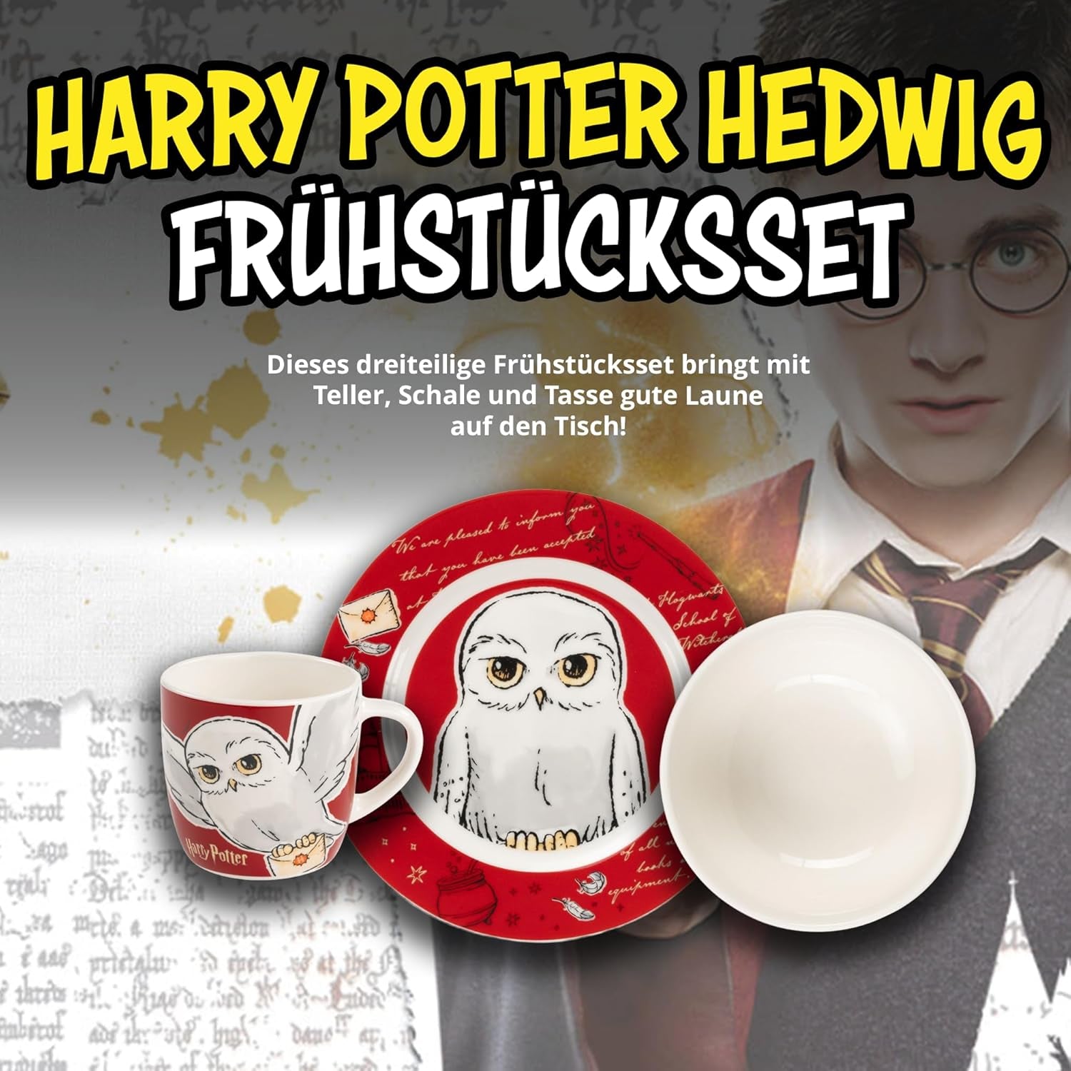 Set de veselă Harry Potter, 3 piese, roșu, set de mic dejun din porțelan cu farfurie Ø 19 cm, cană 220 ml și bol 330 ml, set de veselă