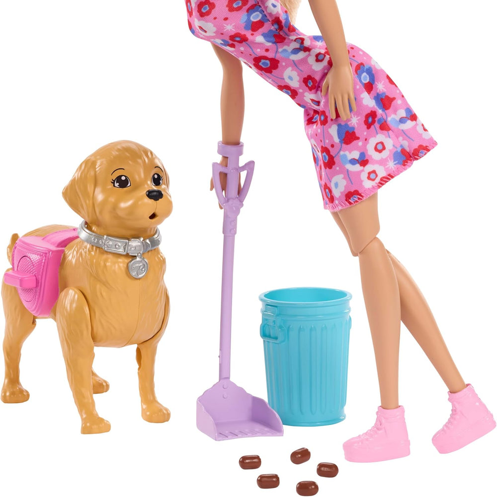 Barbie Hundespaziergang Spielset, enhtät einen Spielzeughund der gehen und Häufchen Machen kann, una Barbie Malibu-Puppe sowie EIN Kehrset und Hundezubehör, JJB46