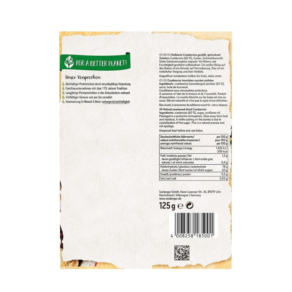 Seeberger Cranberries, arándanos canadienses partidos por la mitad, afrutados y dulces, 13 x 125 gramos Naty Shop Productos Deshidratados