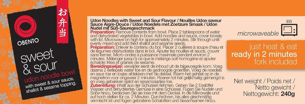 Tazón de udon agridulce, comida preparada para microondas, 240 g