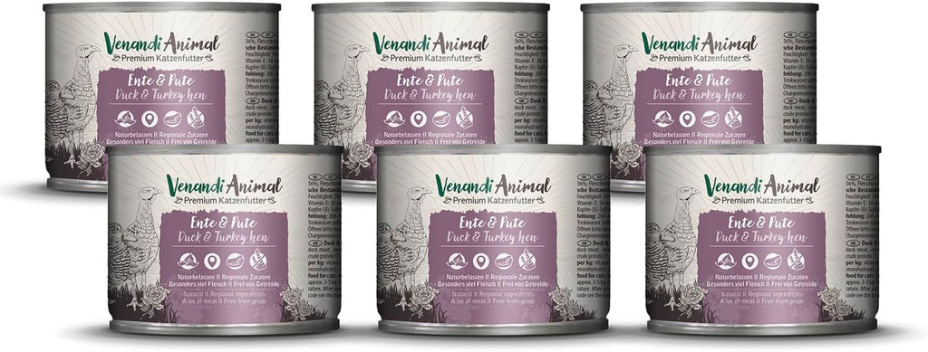 Venandi Animal Premium Hrană umedă pentru pisici, Tasting Pack III, pui, curcan, vită, pui + iepure, vițel, curcan, 6 X 200 G, fără cereale și naturală, 1.2 Kg