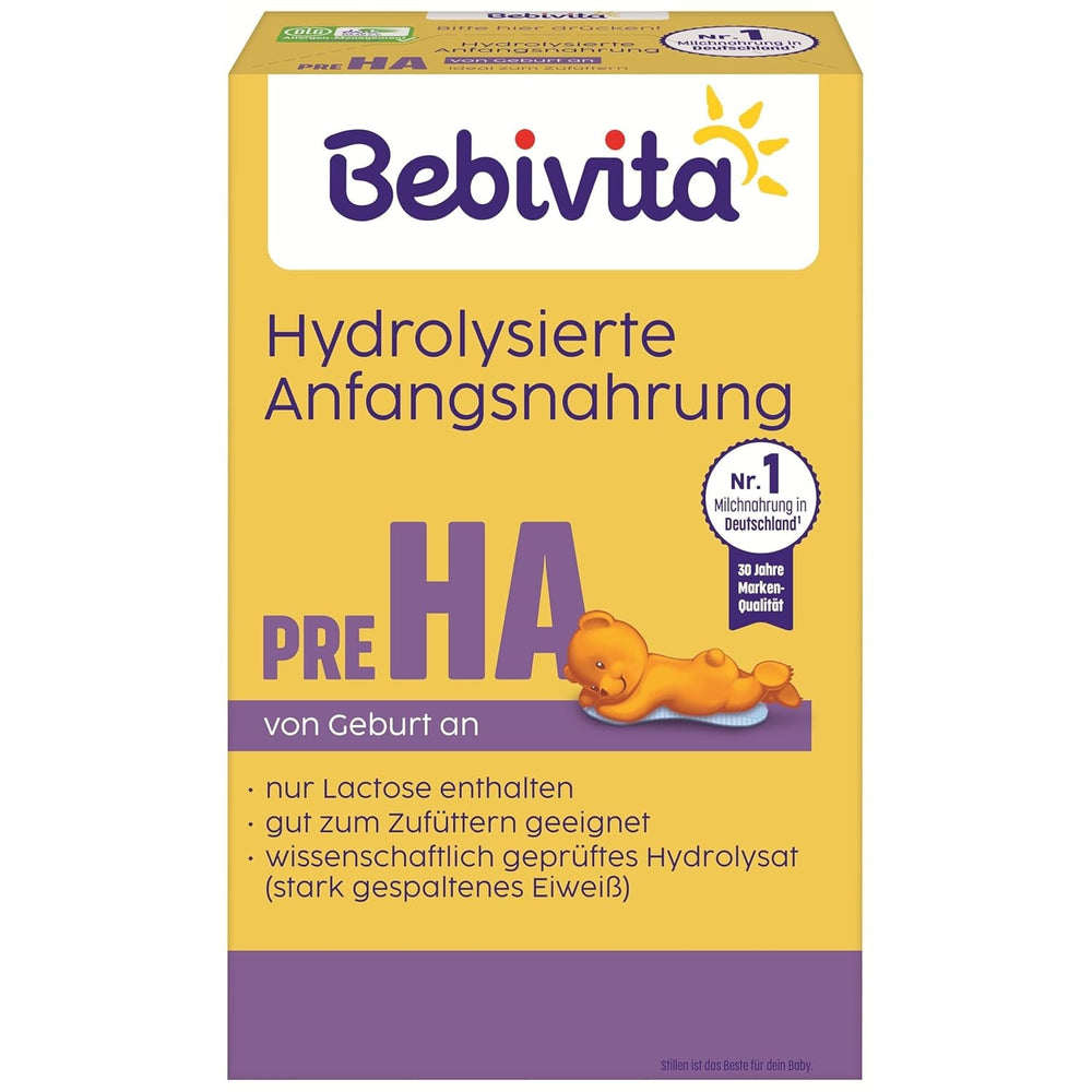 PRE HA (5 x 500g), formulă de lapte praf hidrolizată de la naștere, conține doar lactoză ca și carbohidrat, potrivită pentru alimentație suplimentară