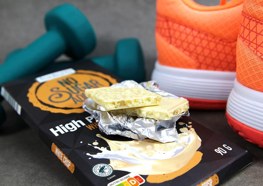 frankonia CHOCOLAT POWER MOTION sin azúcares añadidos - Chocolate blanco crujiente con alto contenido en proteínas y bajo en carbohidratos, 90 g