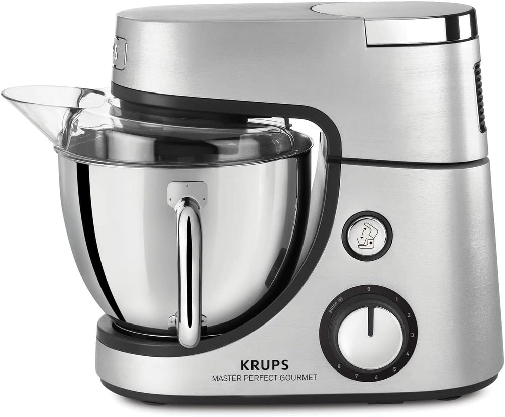 Procesador de alimentos Krups KA631D Master Perfect Gourmet | 1100 vatios | 8 velocidades | Cuenco de acero inoxidable de 4,6 litros | 5 accesorios: set de horneado, recipiente flexible, unidad de picado | Tienda Madre e Hijo de acero inoxidable cepillado Naty Shop