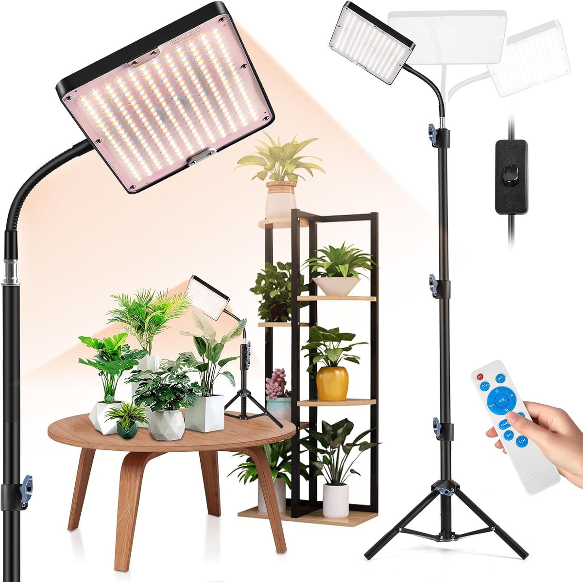 Luz LED para plantas de espectro completo con soporte ajustable, 246 LED con temporizador y 9 niveles de brillo, luz para plantas en flor, hortalizas, hidroponía y semillas, para principiantes y jardineros de interior