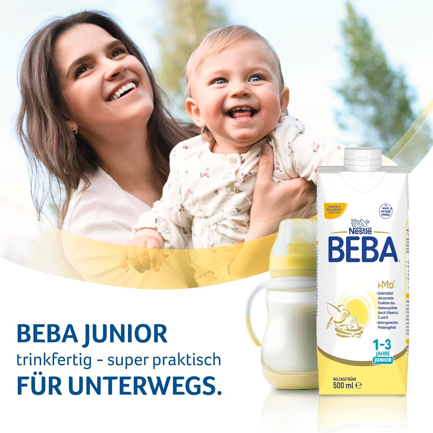 BEBA Bebida de leche lista para beber para niños de 1 a 3 años, con HMO, contenido de proteínas apropiado para la edad, sin aceite de palma, sin aceite de pescado, comida para niños pequeños, paquete de 12 (12 x 500 ml)