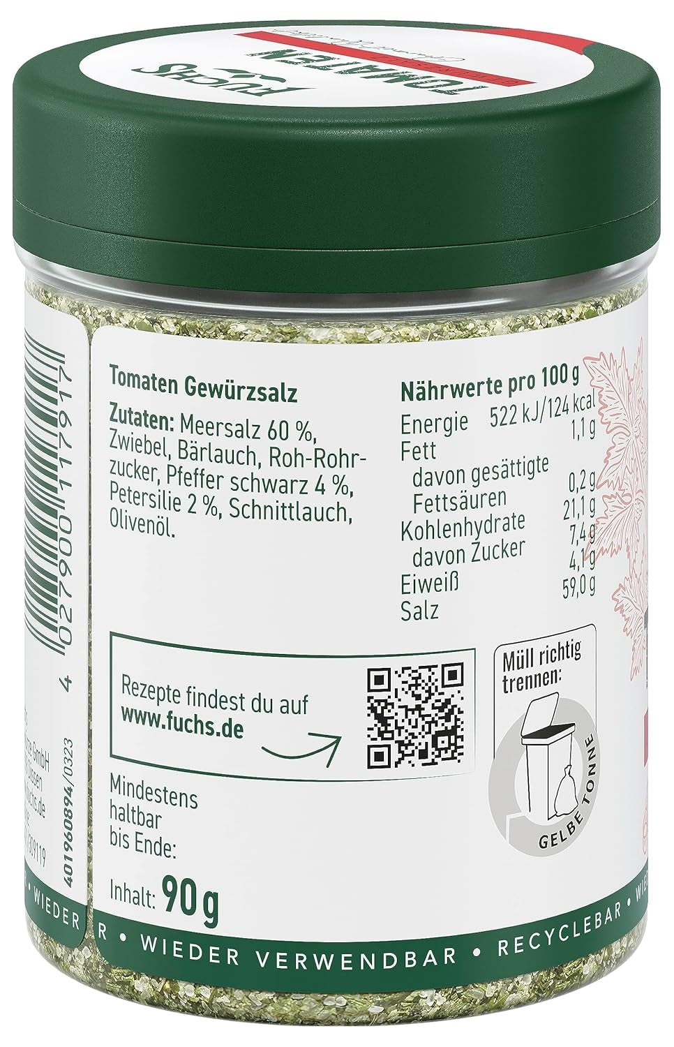 Fuchs Gewürze - Tomato Gewürz - Gewürzsalz für Tomatenbrot, Frühstücksei o Steak - ingredientes naturales - 90 g en wiederverwendbarer, recyclebarer Dosis