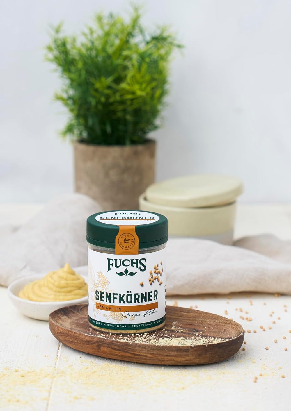 Fuchs Gewürze - Senfkörner gemahlen - für die Zubereitung von Rubs, zum Verfeinern von Suppen und Saucen - ingredientes naturales - 45 g en wiederverwendbarer, recyclebarer Dosis