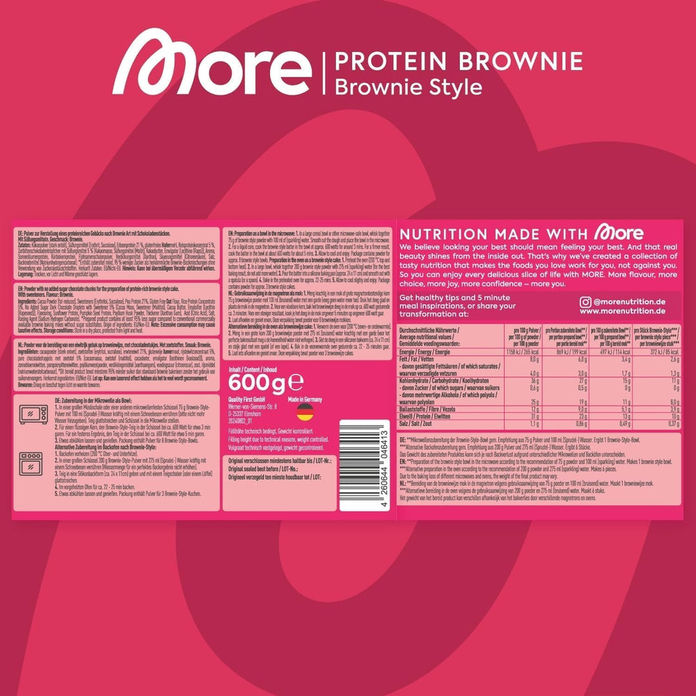 MÁS Protein Brownie, 600G, Vegan Backmischung Für Brownies Mit Der Extra Portion Protein, Geprüfte Qualität - Made in Germany Mezcla para hornear y cocinar Naty Shop