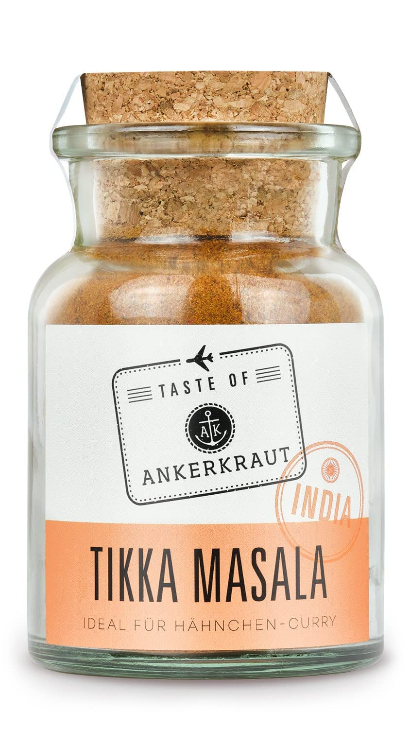 Ankerkraut Tikka Masala Gewürz Indien, 70 g im Korkenglas, Lecker Curry mit Hähnchen, Gemüse, Reis Selber Zu Hause Kochen, Chicken Curry Zuckerfrei in Premium Qualität