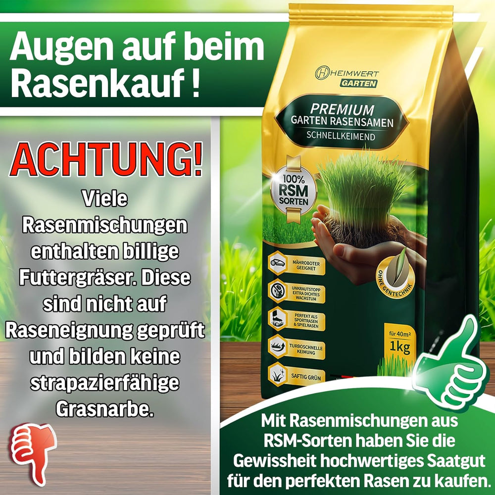 Rasensamen Schnellkeimend Sommer Und Herbst All Saison - Grassamen - Rasensamen Sport Und Spiel Aus Hochwertigster Gräser Mischung Empfohlener RSM Sorten - 1Kg Für 40M2 Made in Germany (1Kg)