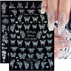 6 Blatt Schmetterling Nagelsticker Selbstklebend Laser Silber Schmetterlings Nagelaufkleber 3D Aurora Silber Schwarz Schmetterlinge Nagel Stickers Frühling Nageldesign Nail Sticker Nail Art Zubehör