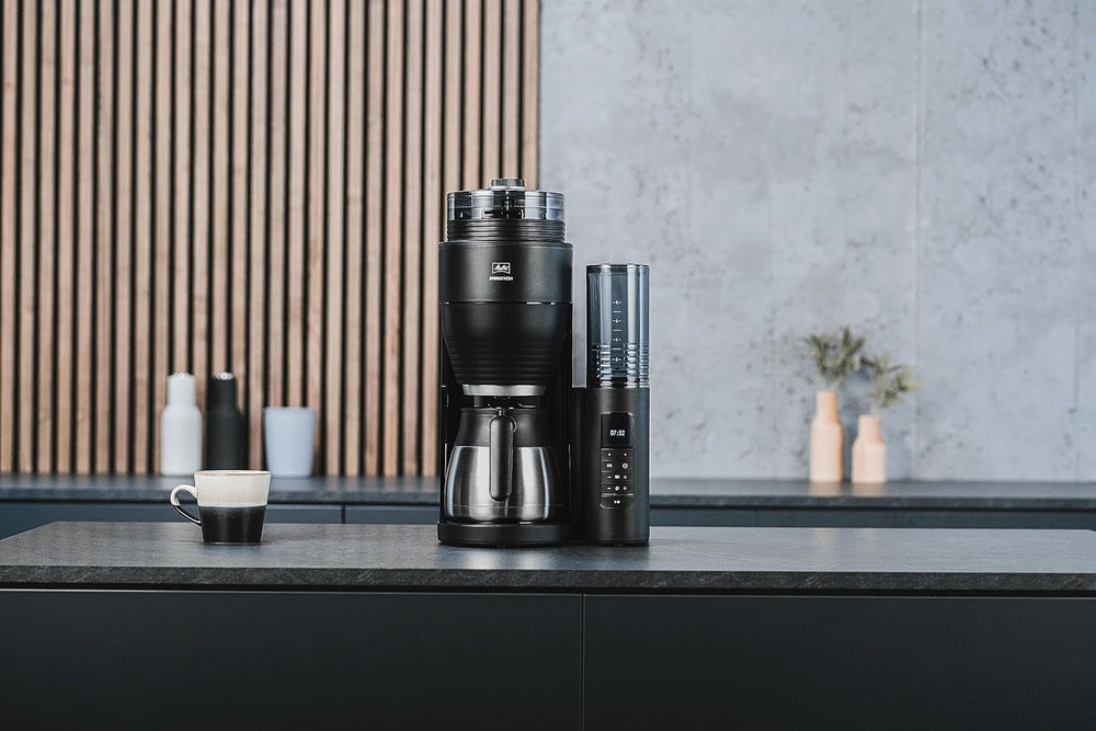 Melitta AromaFresh Therm Pro X – Espressor cu filtru, râșniță integrată, rezervor de apă detașabil, carafă termică din oțel inoxidabil și funcție de temporizator, pentru până la 8 cești de cafea, negru/argintiu