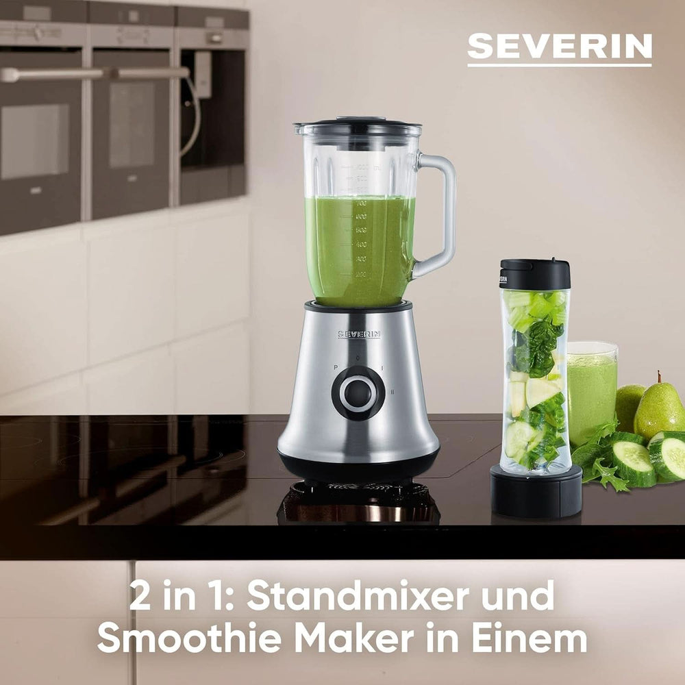 SEVERIN Multimixer, 2-In-1 Stand Mixer Und Smoothie Maker Mit 1 L Glas-Mixbehälter Und Trinkbecher, Küchenmixer Mit 2 Stufen Und Pulse-Funktion, 500 W, Edelstahl/Schwarz, SM 3737 Mama si Copilul Naty Shop
