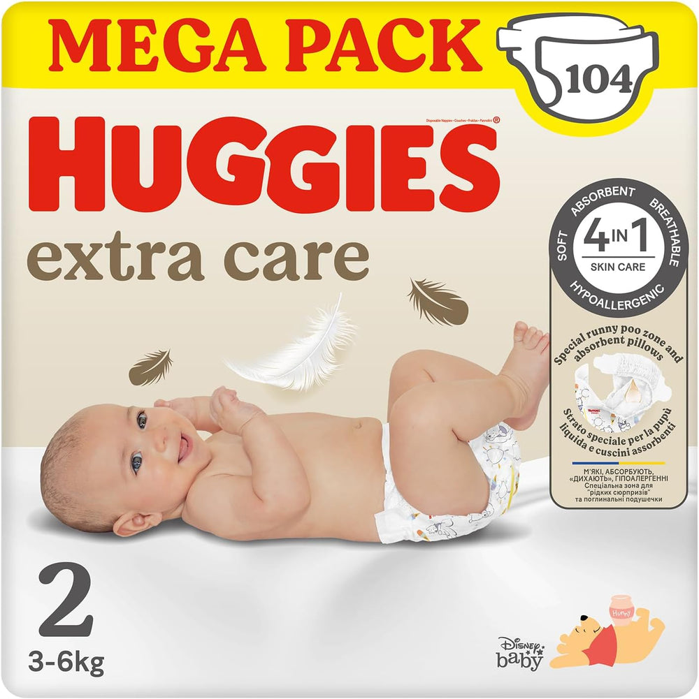 Huggies Pañales Extra Care para Bebé, Talla 2 (3-6kg), Súper Absorbentes, Diseño Disney, Mega Pack, 104 Piezas