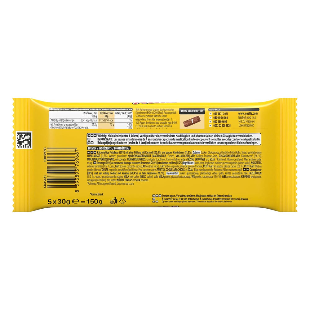 Nestlé NUTS, Barras de chocolate con avellanas y relleno de caramelo, avellanas enteras y deliciosa crema de caramelo, cubiertas de chocolate con leche, 1 paquete (5 x 30 g)