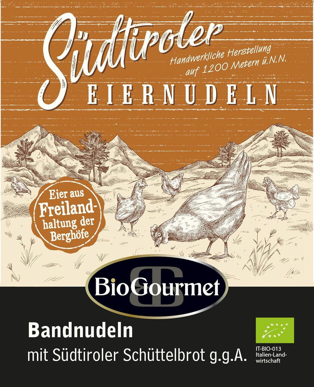 Fideos de cinta BioGourmet con Schüttelbrot del Tirol del Sur (IGP) | Fideos al huevo salados y aromatizados con auténtico speck del Tirol del Sur | 1 x 250g Bio