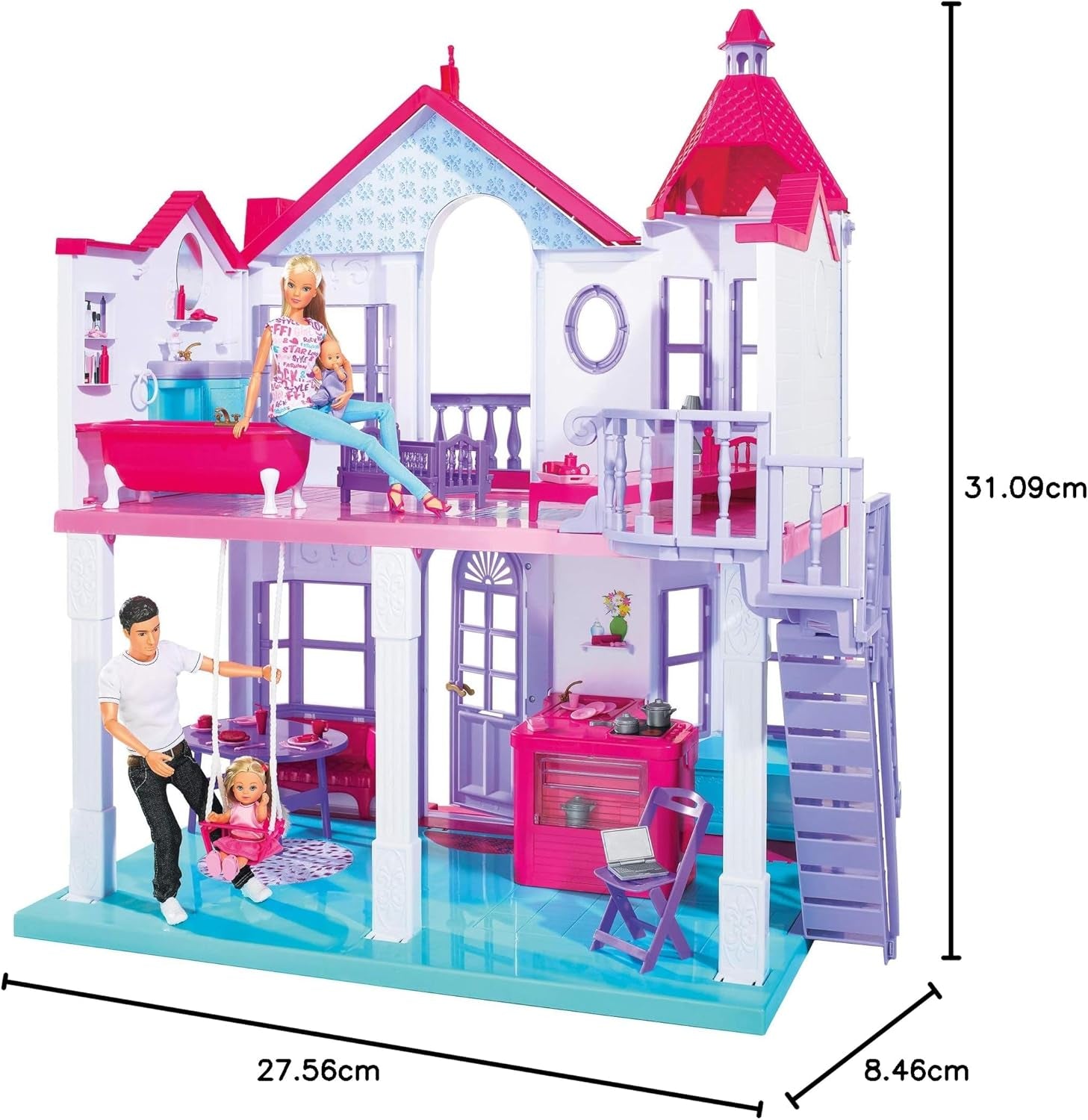 Simba 104661996 - Steffi Love Dreamhouse, Casa de Juegos Grande, 4 Habitaciones, SIN TÍTERES, 84 cm de Alto, Dos Niveles, Campana Funcional, Casas de Muñecas Plegables Naty Shop