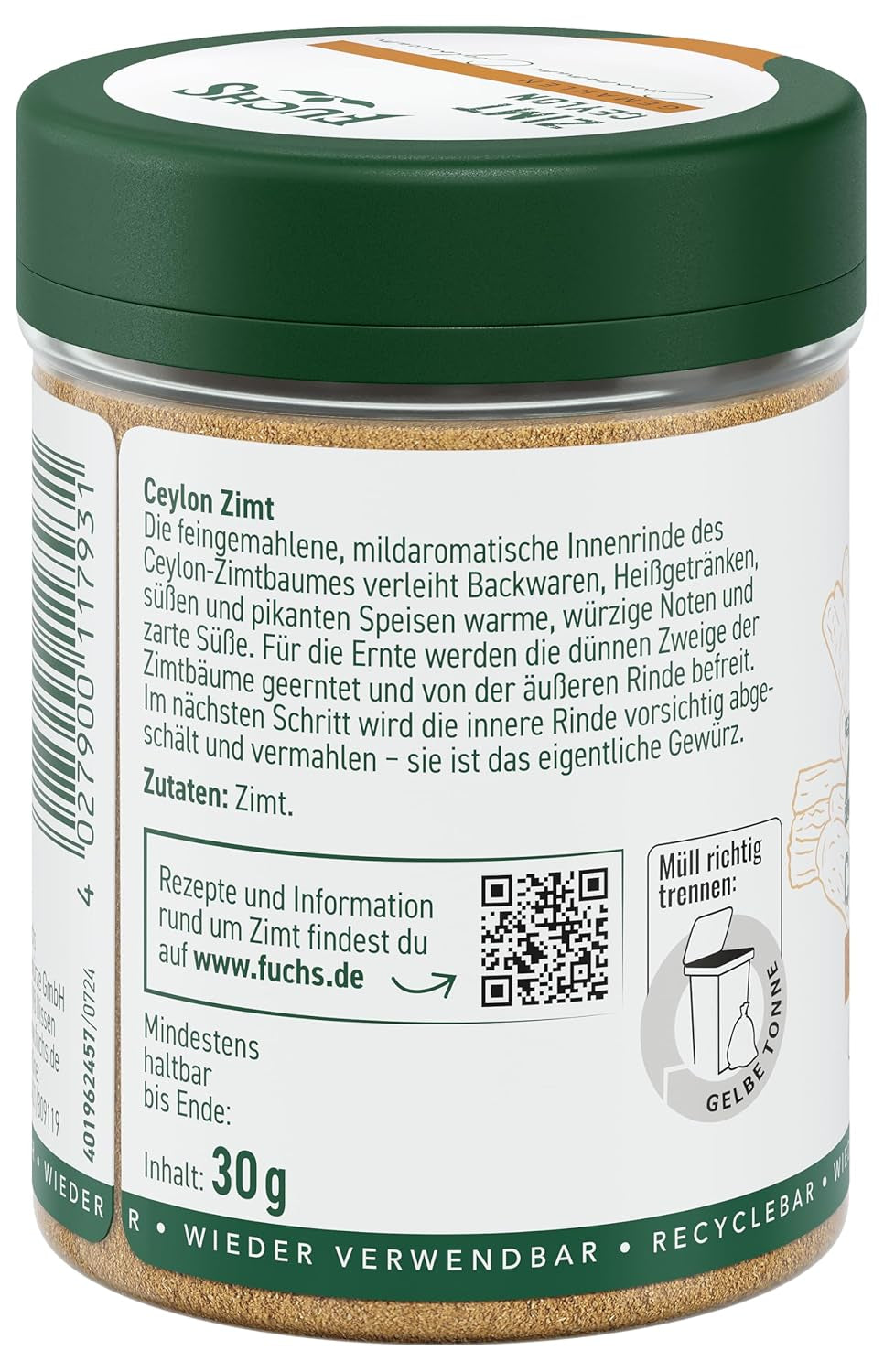 Fuchs Gewürze - Zimt Ceilán gemahlen | Ingrediente natural | 30 g en wiederverwendbarer, recyclebarer Streudose