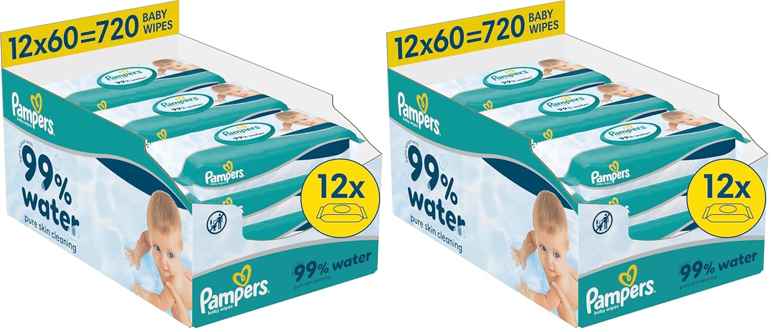 Pampers Toallitas para bebé con 99 % de agua, 12 paquetes de 60 toallitas cada uno = 720 toallitas para bebé, loción ligera con 99 % de agua