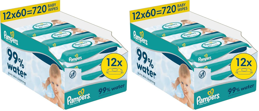 Pampers Toallitas para bebé con 99 % de agua, 12 paquetes de 60 toallitas cada uno = 720 toallitas para bebé, loción ligera con 99 % de agua