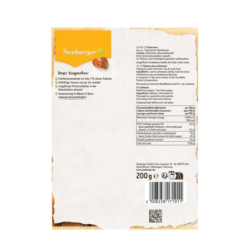 Seeberger Sultanas: Pasas Sultanas ligeras, dulces y afrutadas de Turquía, pack 13 x 200 gramos Productos secos Naty Shop