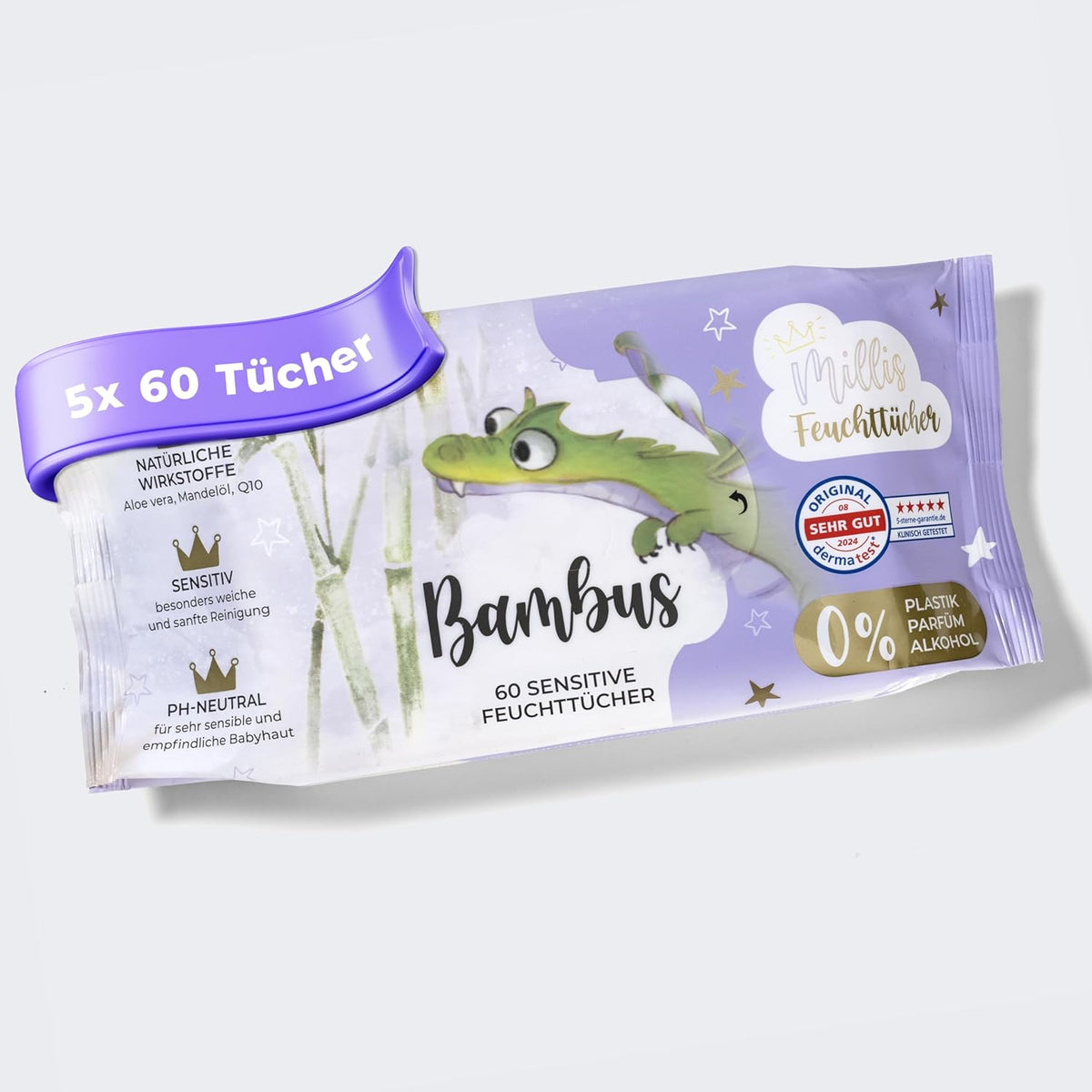 Millis Bamboo Baby Toallitas húmedas sensibles para la delicada piel del bebé - 5 x 60 piezas - Limpieza natural, suave y sostenible - Toallitas húmedas biodegradables, sin plástico y sin alcohol