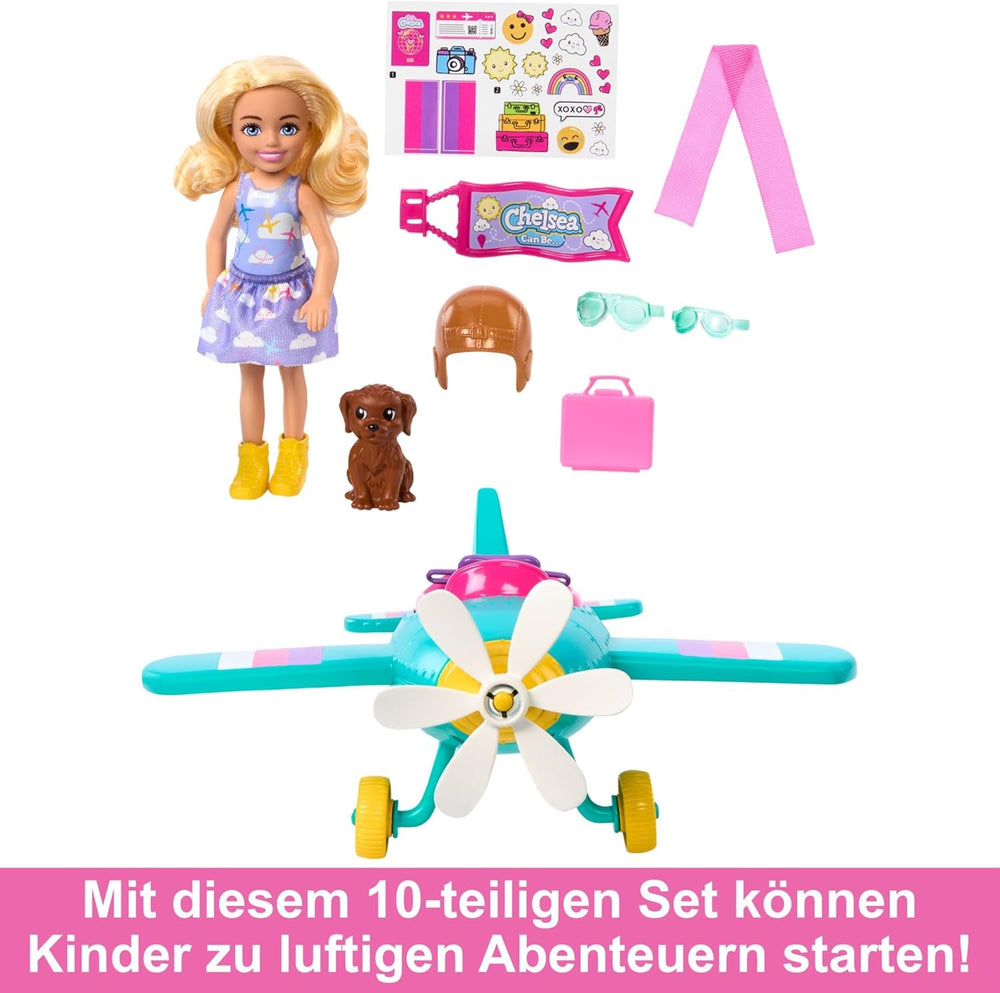 Muñeca Barbie Chelsea Plane y Set de Juego - Muñeca Piloto, Avión, Asa y Accesorios de Historia, Ruedas y Hélices con Pata de Flor, Edad 3+, HTK38 Naty Shop Muñecas