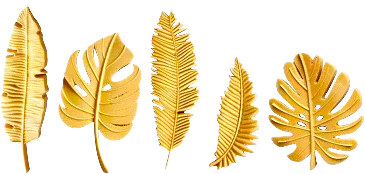 Set 5 decoratiuni comestibile din pasta de zahar, Frunze exotice aurii Decoratiuni din Pasta de Zahar Nati Shop