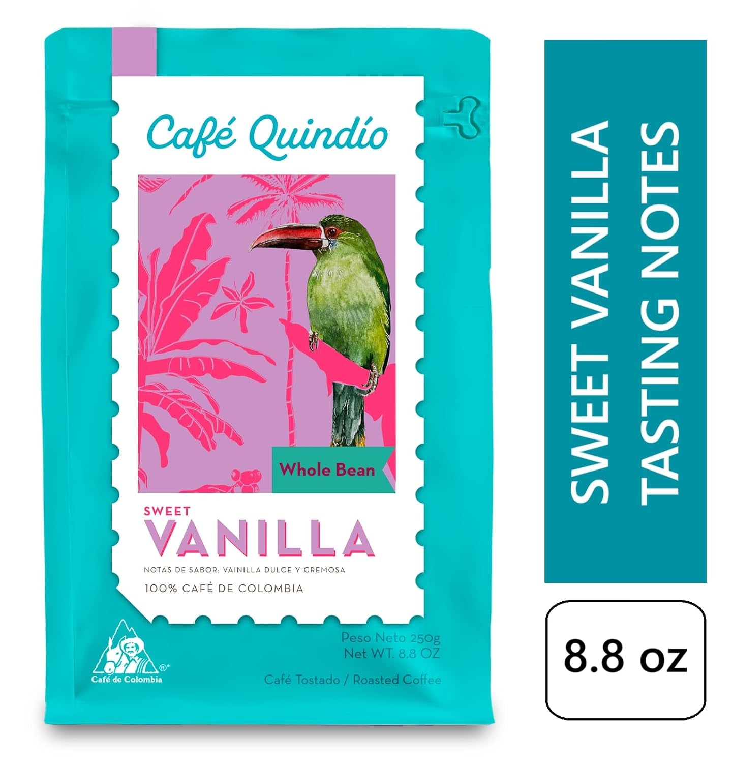 Cafe Quindio Specialty Coffee - boabe de cafea 100% Arabica, Columbia - cu note naturale de vanilie dulce (250g) - ideală pentru cafea filtrată, aparate portafilter sau presă franceză