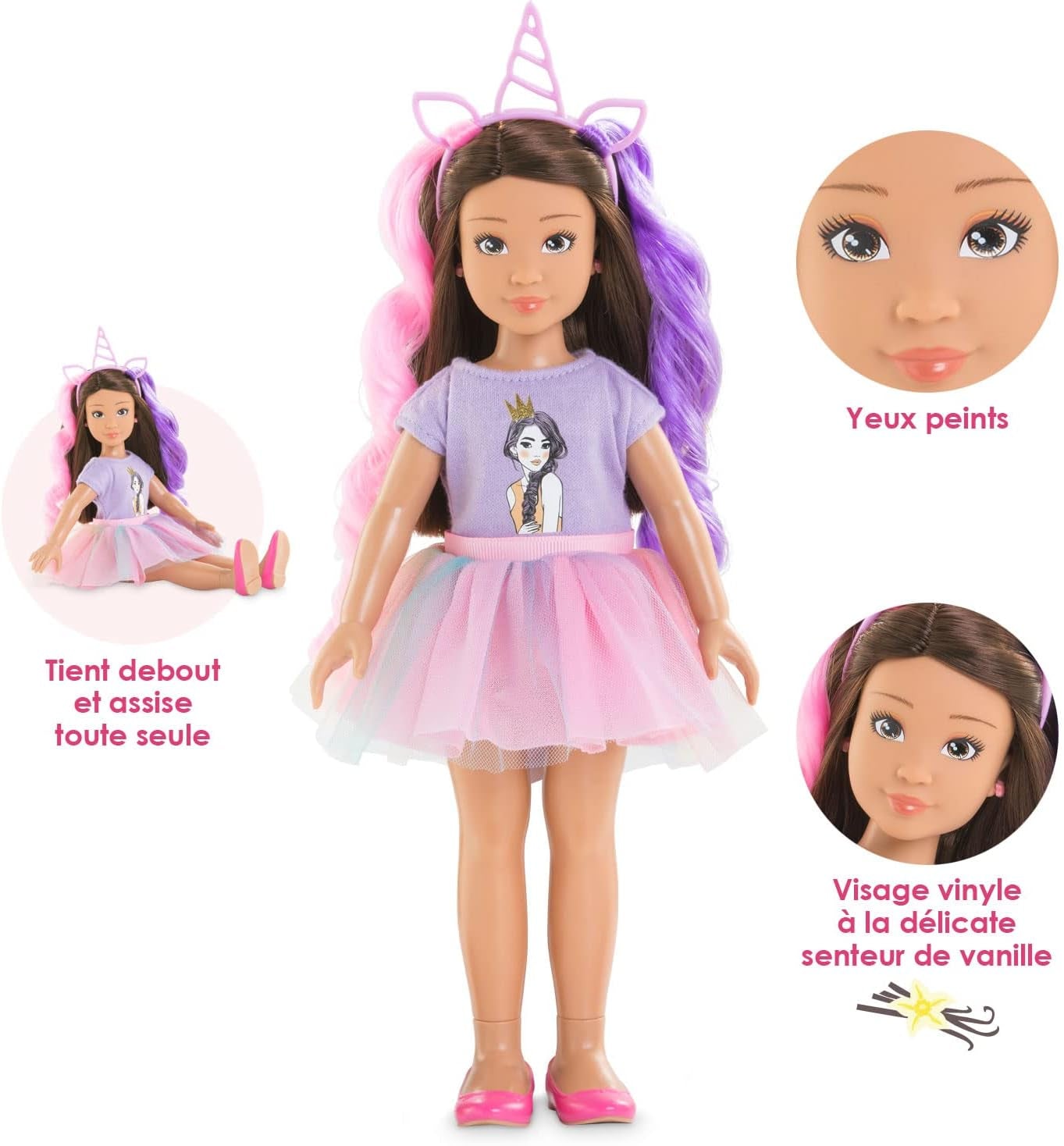 Corolle 9000600030 - Conjunto Luna Einhorn para niña, puppe de tobillo en traje de verano con perro, cinta para el pelo, anillos y gomas extra, puppe de 28 cm con Vanilleduft, de 4 años