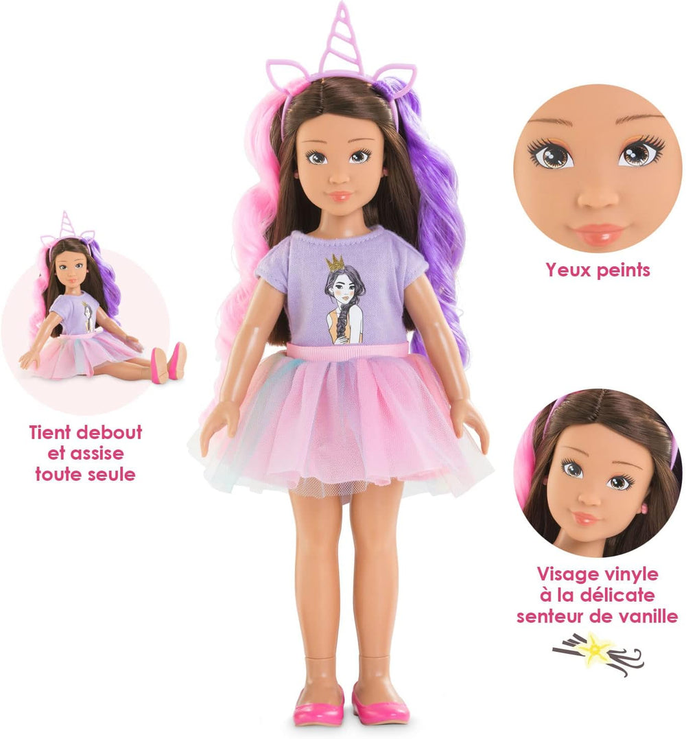 Corolle 9000600030 - Conjunto Luna Einhorn para niña, puppe de tobillo en traje de verano con perro, cinta para el pelo, anillos y gomas extra, puppe de 28 cm con Vanilleduft, de 4 años