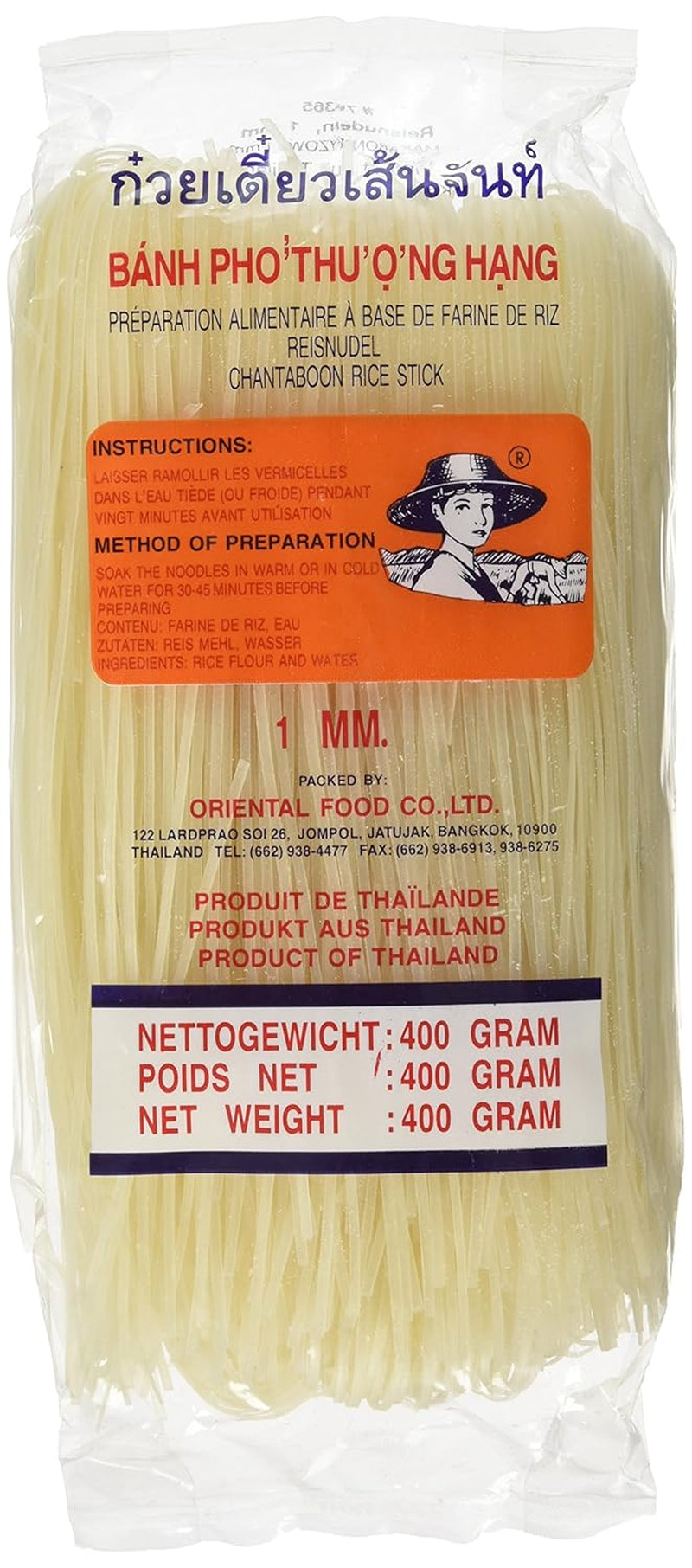 Fideos de arroz - tailandeses, fideos de cinta de arroz de 1 mm de ancho, hechos con harina de arroz - 17 x 400 g
