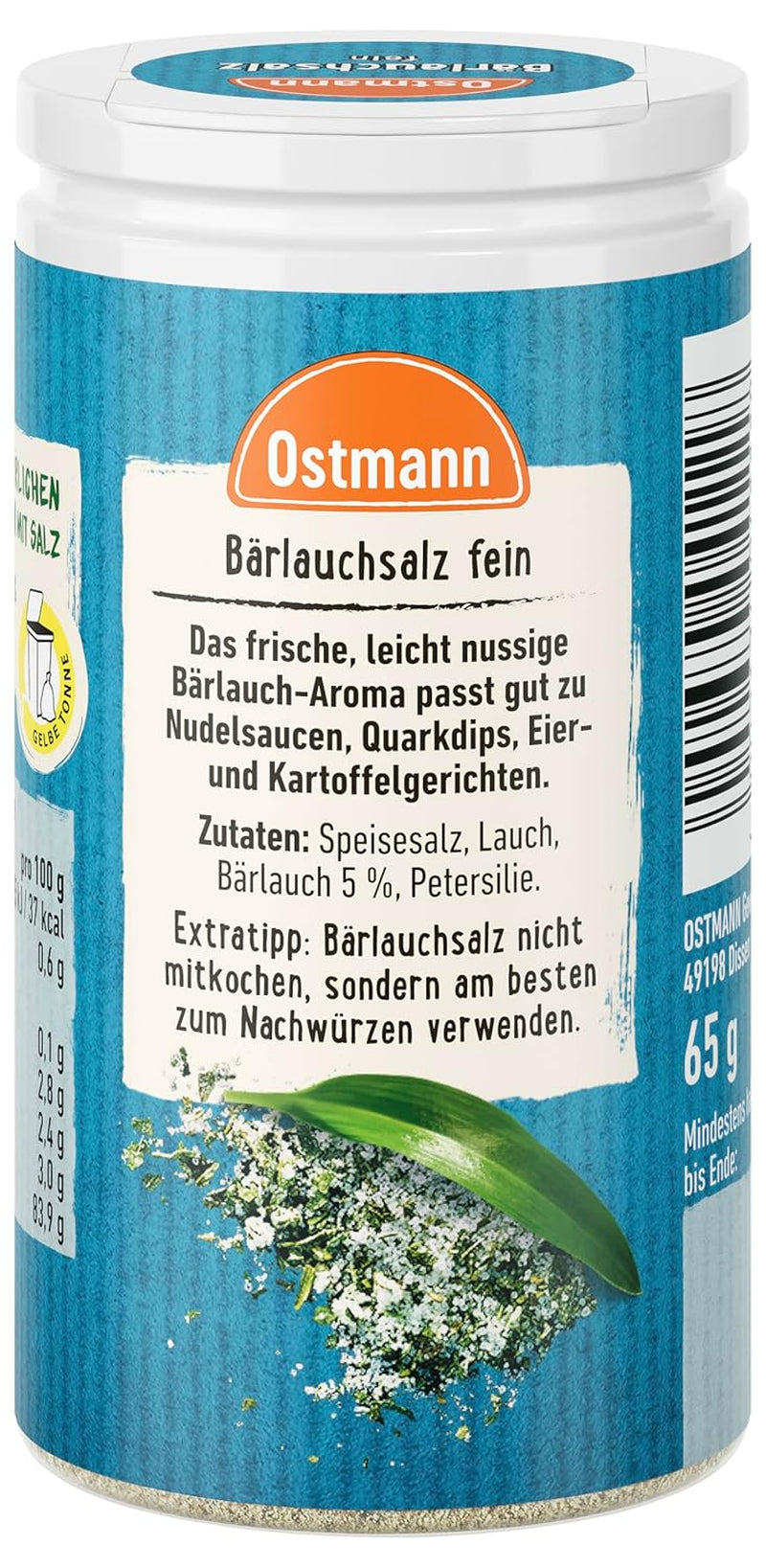 Ostmann Gewürze - Bärlauchsalz | Ideal para Herzhaften Gemüse oder Fleischgerichten Recyclebare, nachfüllbare Streudose | 65 g en Streuer