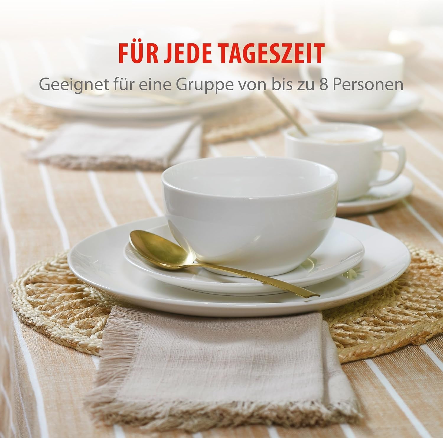 alpina Geschirrset 8 Personen - 40-teiliges Steingut Geschirr - Teller Set mit Speiseteller, Schalen und Kaffeebecher - Camping Geschirr - Mikrowelle- und Spülmaschinengeeignet - Weiß