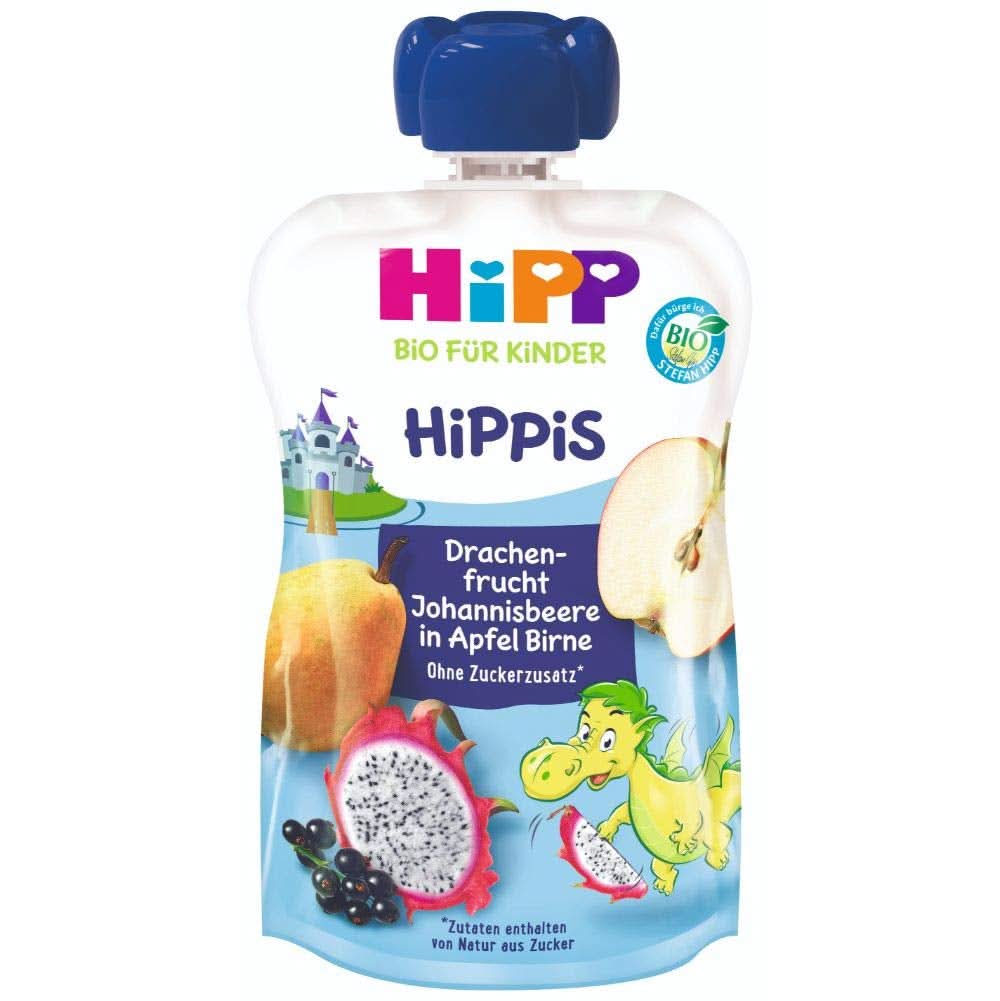 Bolsas exprimibles Hipp Super-Hippis, granada acerola en manzana-frambuesa, fruta 100% orgánica sin azúcar añadido, 6 bolsas de 100 g Mother and Child Naty Shop 6 x 100 gramos Pitahaya, manzanas, peras